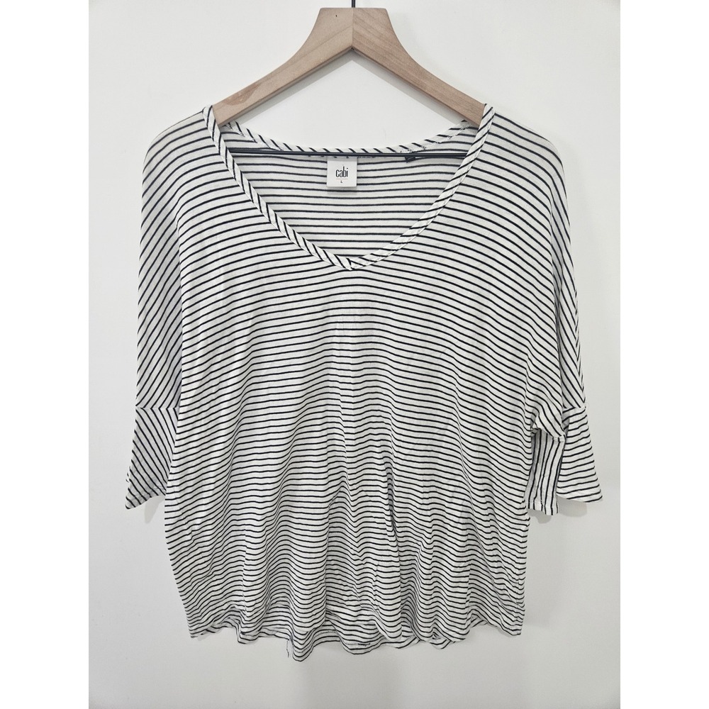 Cabi Striped V-Neck Tee Bell Sleeve Cotton‎ Knit Top White Navy Blue 5558 Large
